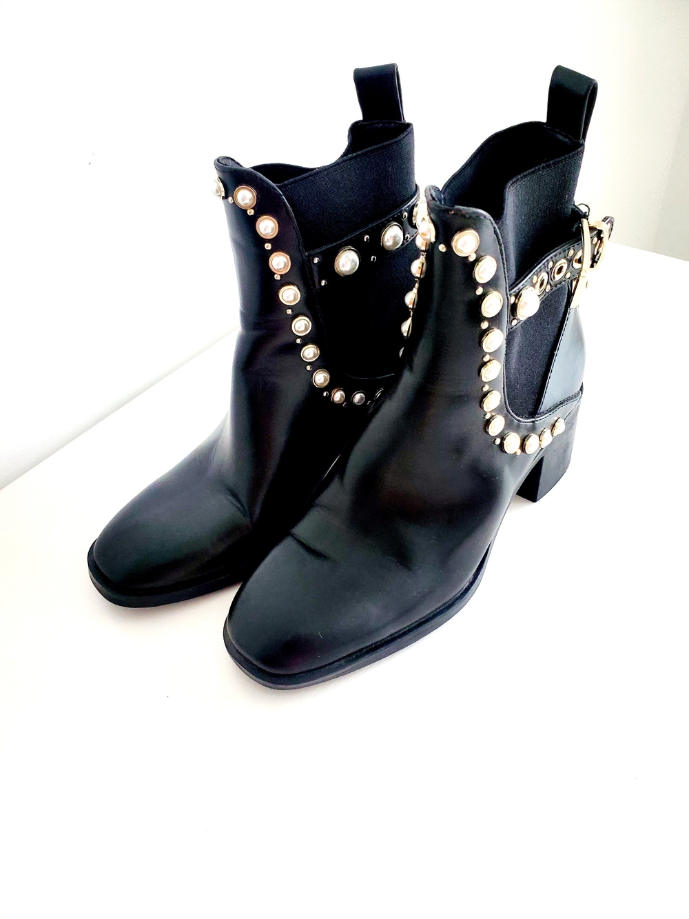 Zara Black Leather Ankle Boots with Pearl & Gold Studs